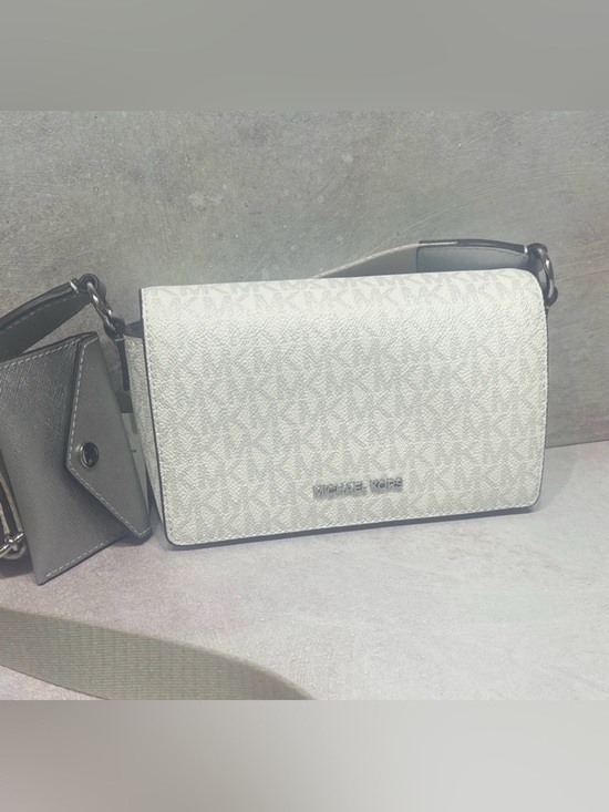 Michael Kors Handbags - Michael Kors Vincent Crossbody White MK Signature Logo Silver/White